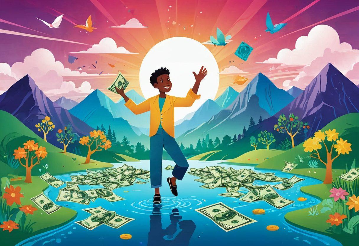 A whimsical, colorful illustration of a character navigating a vibrant fantasy world filled with playful adult animation scenes. Include elements like animated dollar bills, smart financial tools, and bold, cheeky humor represented through the character's expressions. The background should have a mix of animated landscapes and abstract geometric shapes to symbolize financial strategies. The overall tone should be light-hearted yet sophisticated, inviting fans into a creative realm. vector art. vibrant colors. white background.