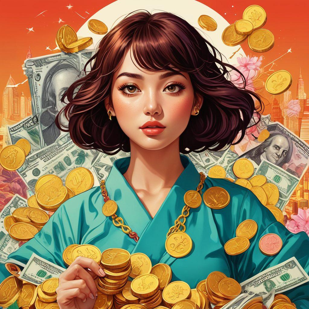 A dynamic collage featuring a playful mix of vibrant hentai-inspired illustrations intertwined with symbols of wealth such as money bags, gold coins, and stock market graphs. The background should evoke a colorful party atmosphere, blending adult media elements with financial themes, showcasing a balance between fun and responsibility. The style should be bold and colorful, emphasizing both fantasy and reality. vector art. vibrant colors.